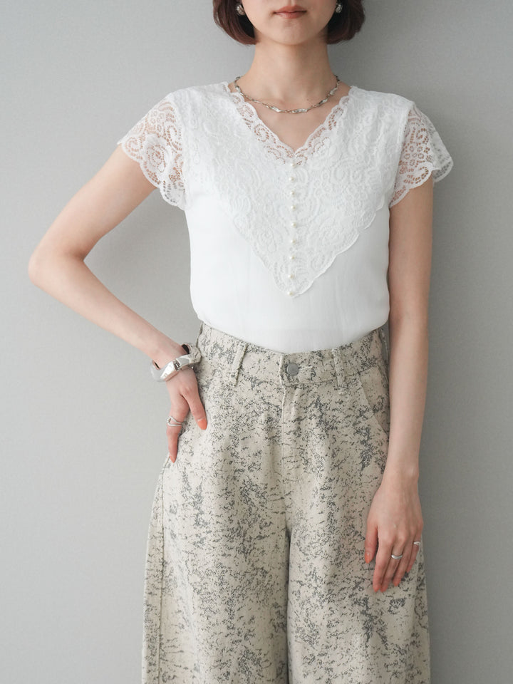 [予約]パールボタンレース切替ニットトップス/white