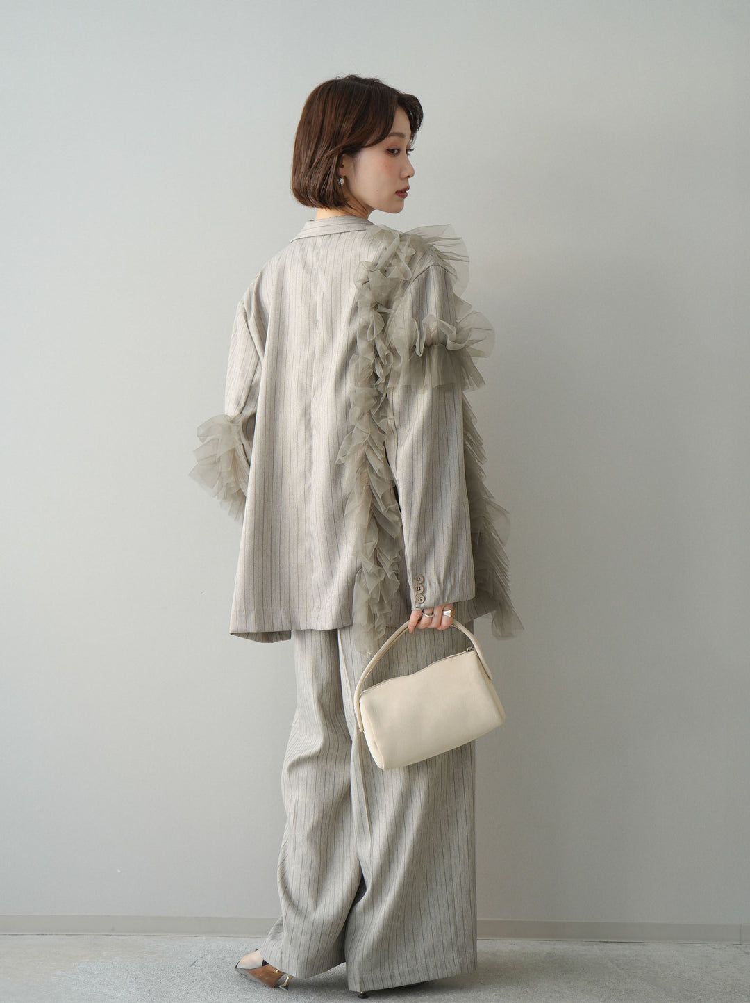 [SET]アシンメトリーチュールストライプジャケット+ヘリンボーンストライプサロペット(2set)