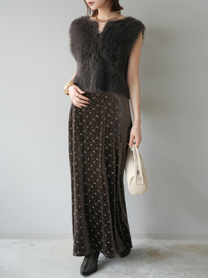 [予約]ベロアフラワープリントIラインスカート/ブラウンxイエロー