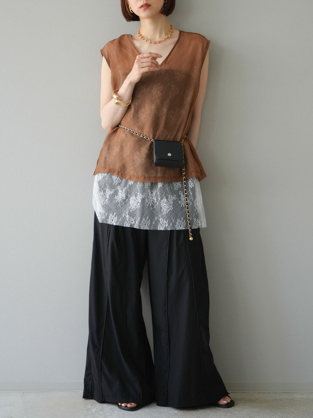 [予約]タックパイピングナイロンワイドパンツ/ブラック