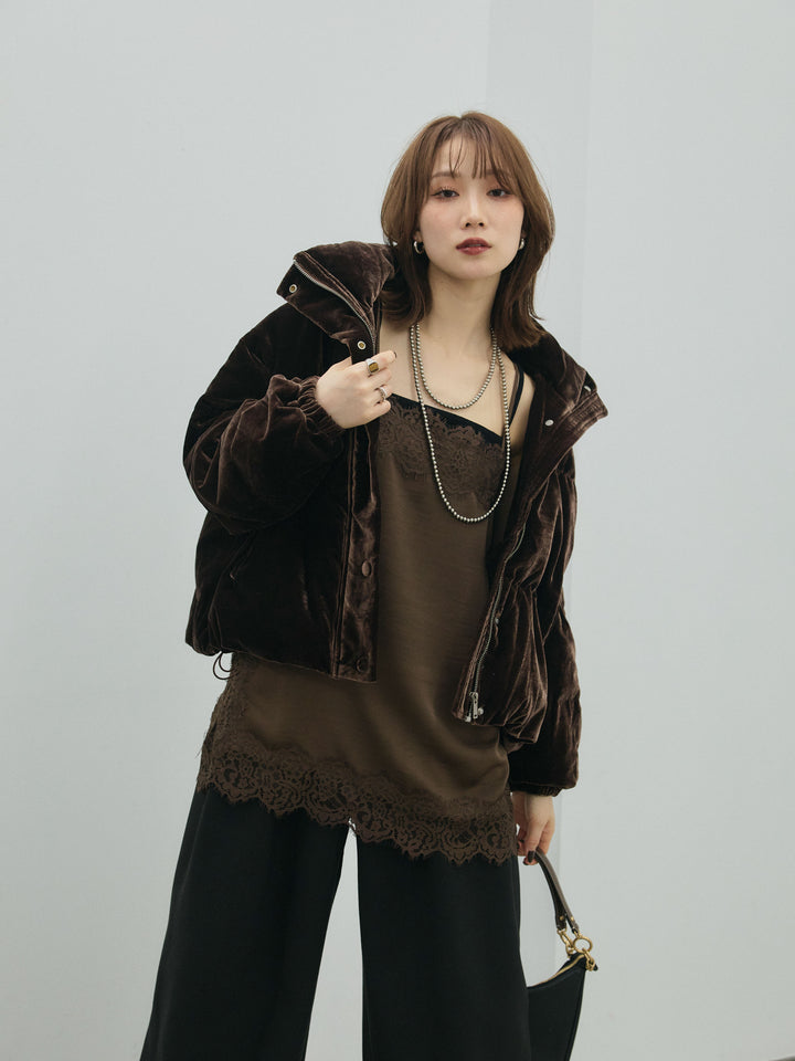 【Allure】[SET]ベロアダウンジャケット+サテンレースキャミソール+ループデザインツイルワイドパンツ(3set)