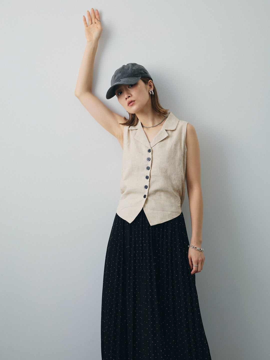 [予約]リネンライクテーラードジレ/オートミール