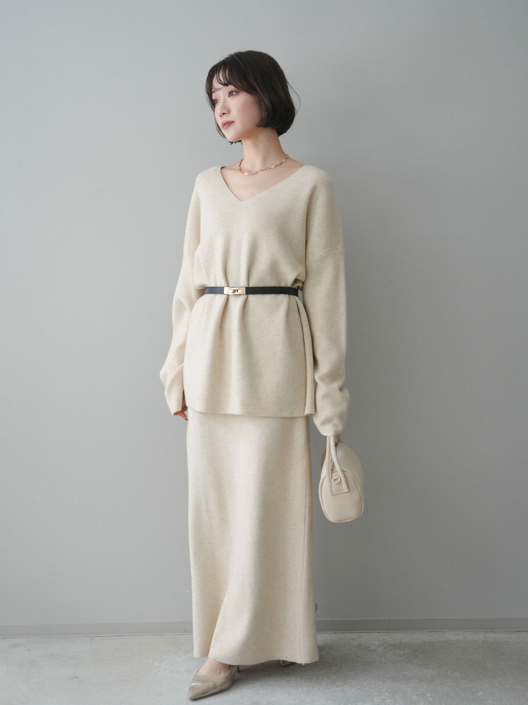 [SET]ベルト付Vネックニット＆スカートSET UP+ベルト付Vネックニット＆スカートSET UP(2set)