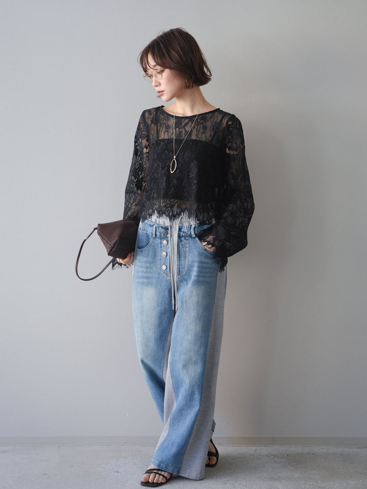 [SET]2WAYスリーブレーストップス+デニム切替スウェットパンツ(2set)