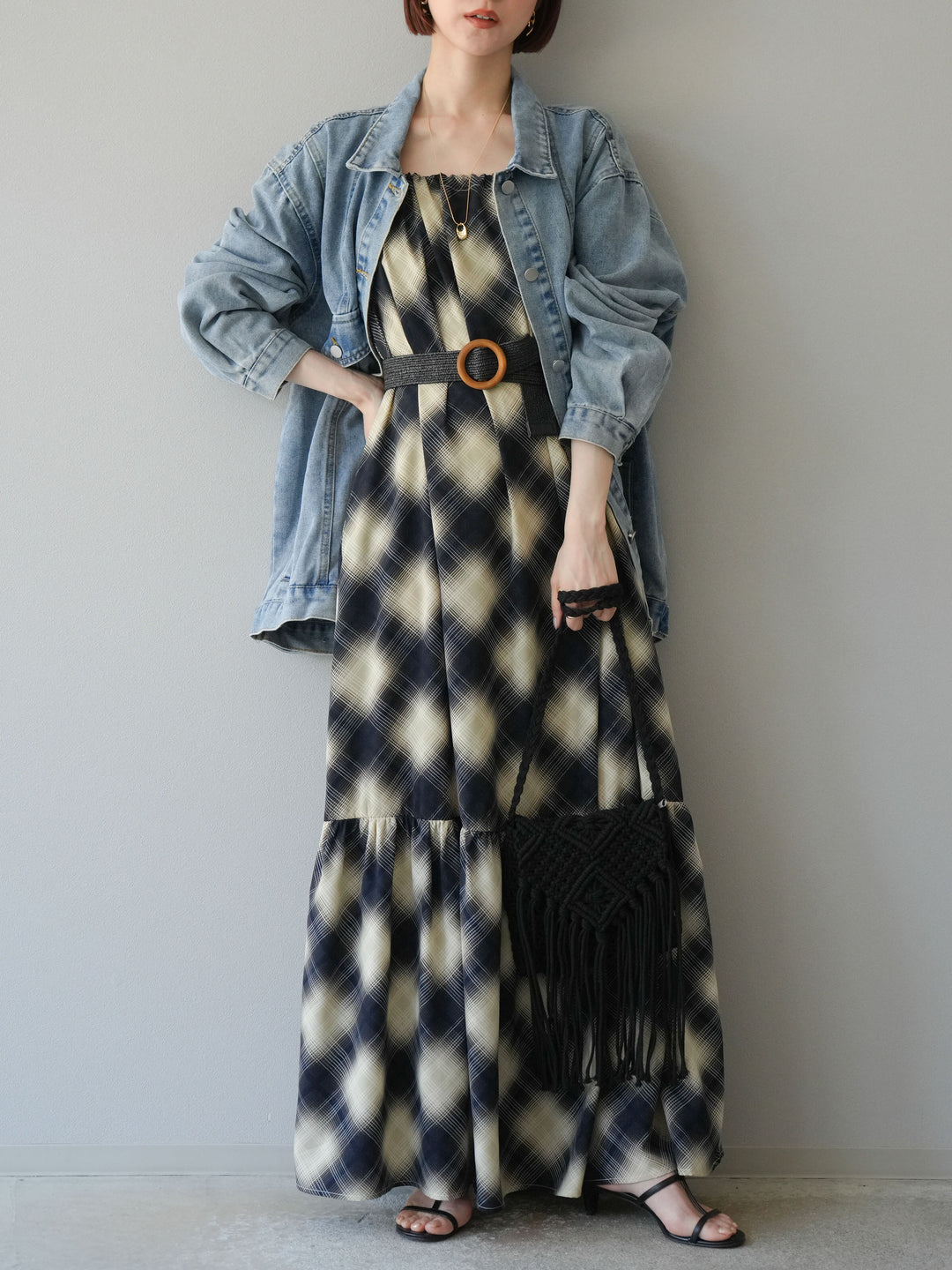 [SET]ベルト付チェックノースリーブワンピース+ビンテージデザインBIGデニムジャケット(2set)