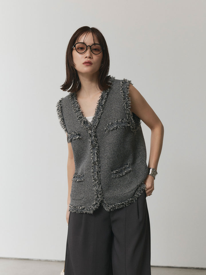 【Allure】[SET]アンティークボタンツイードフリンジニットベスト+アンティークボタンツイードフリンジニットベスト(2set)