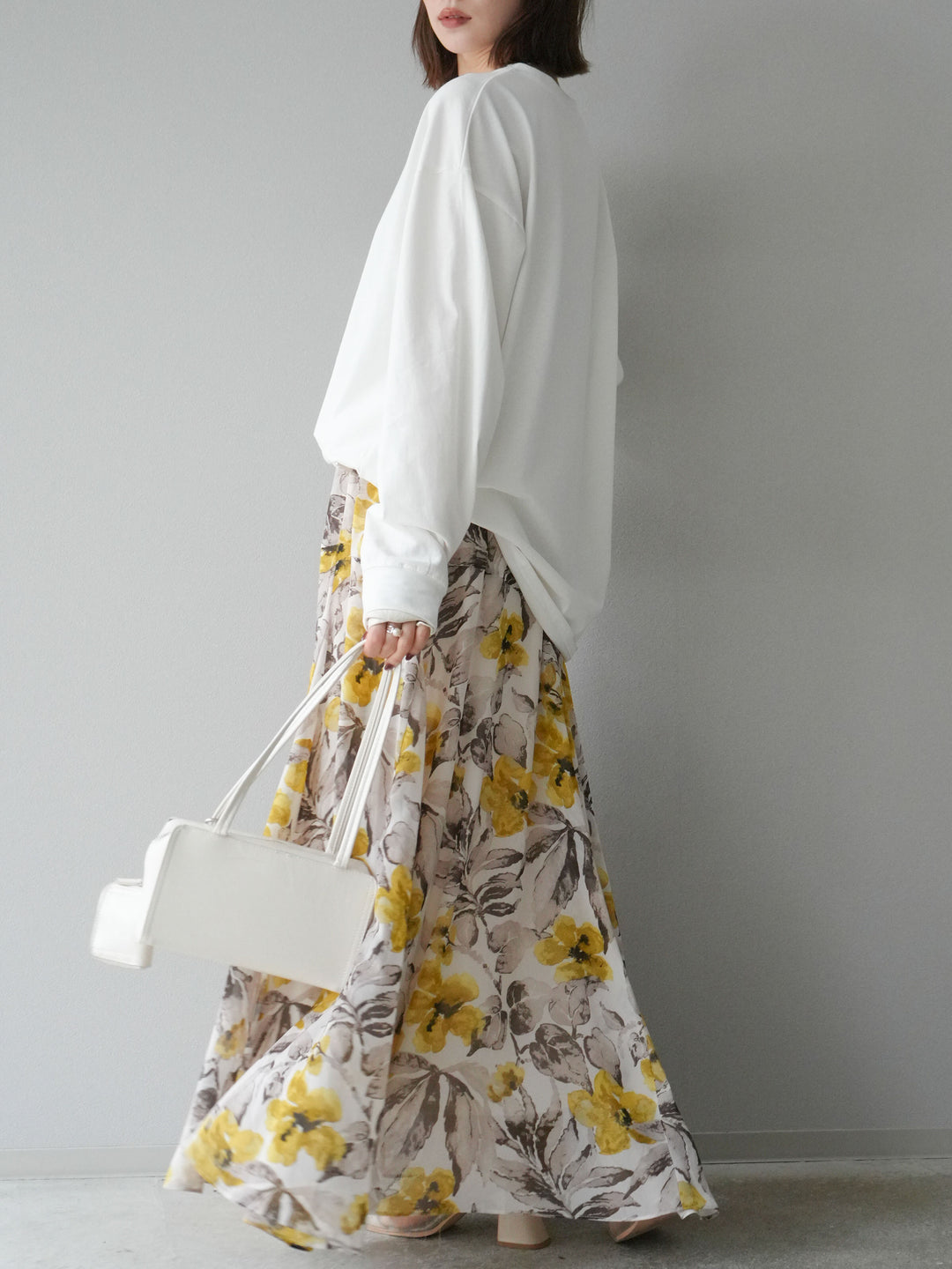 [予約]フラワープリントボリュームフレアスカート/イエロー