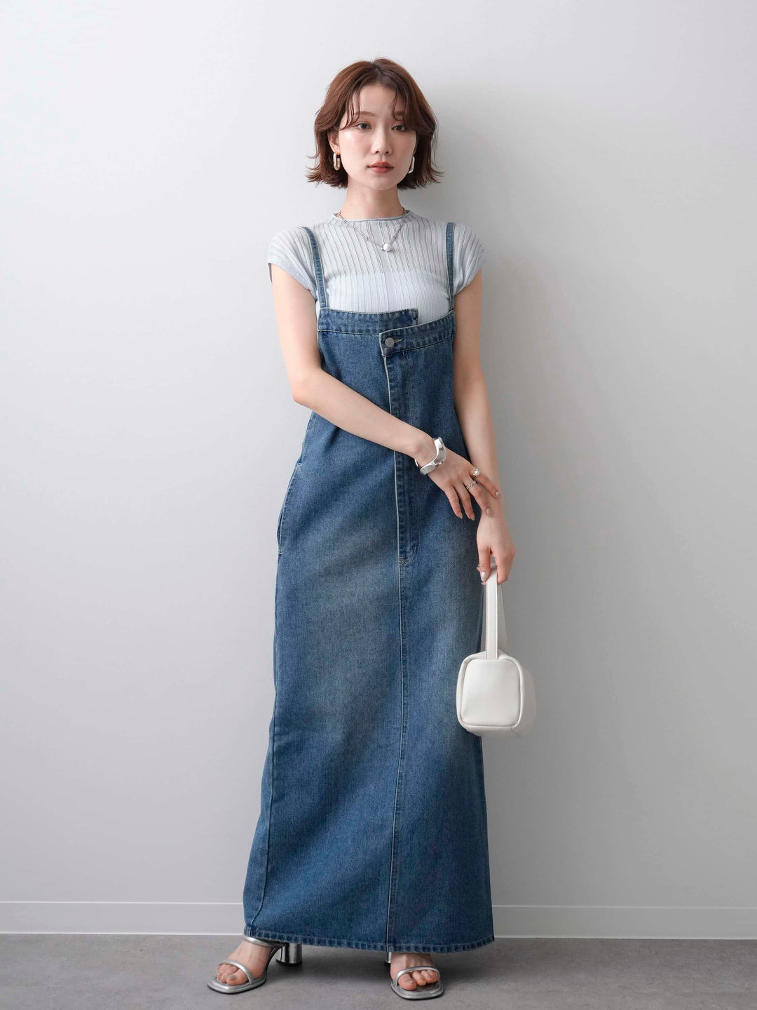 [SET]シアーリブフレンチニットトップス+アシンメトリーデニムワンピース(2set)