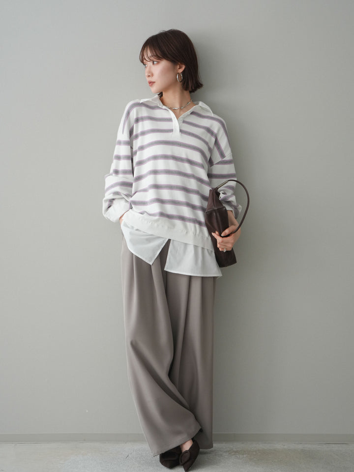 [予約]ウエストバイカラータックワイドパンツ/greige