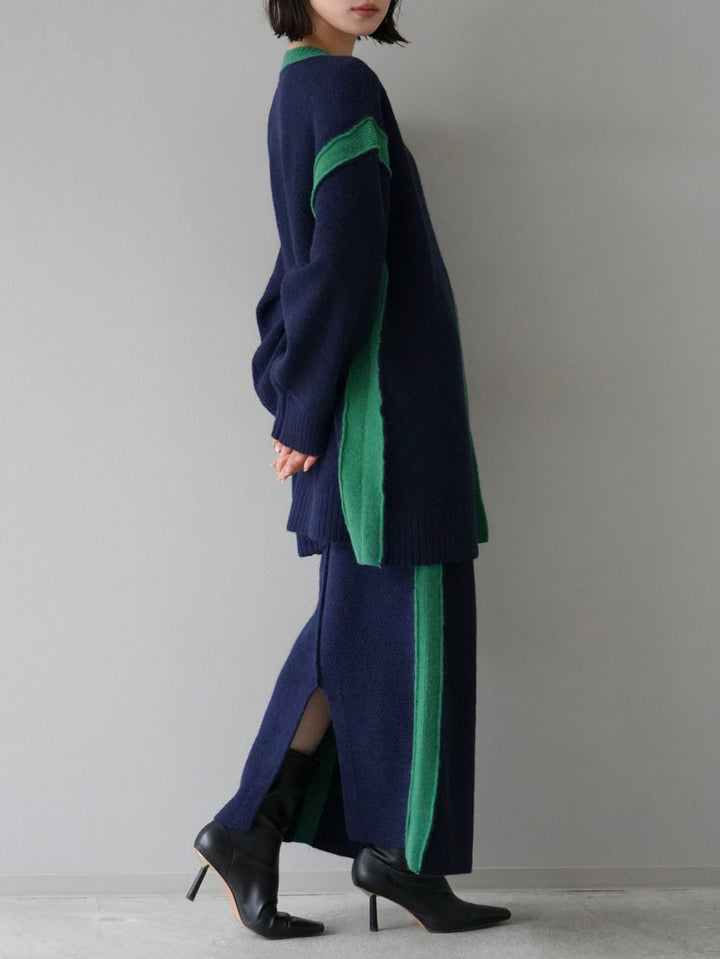 [Pre-order] Color-coordinated knit I-line skirt/navy