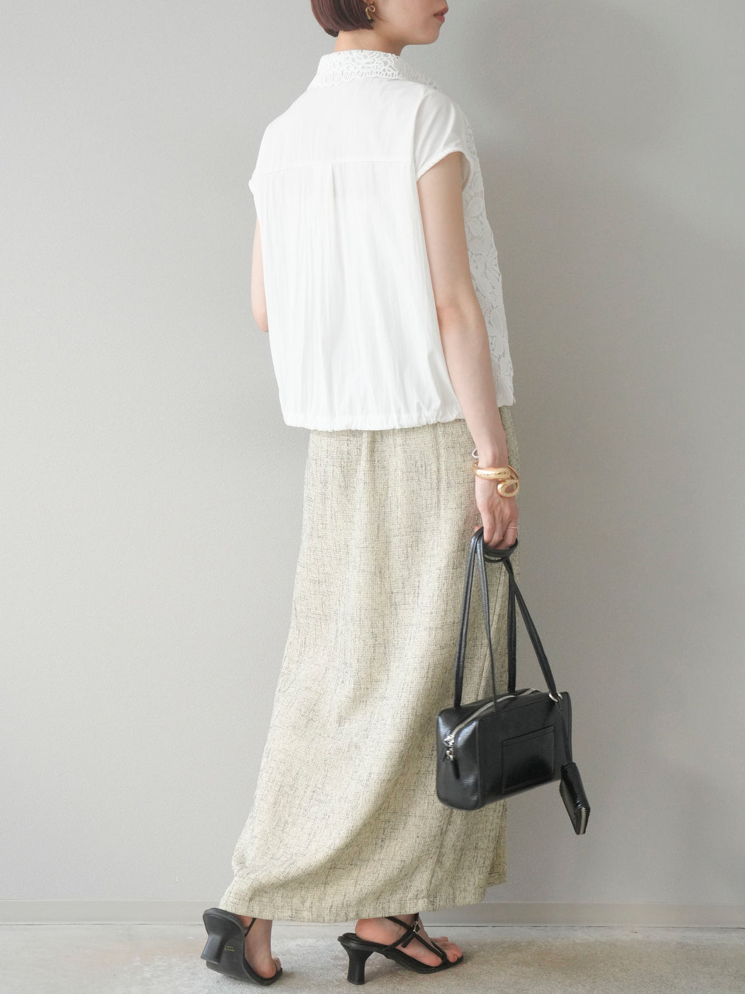 [予約]サマーツイードタックサイドスリットスカート/ベージュ