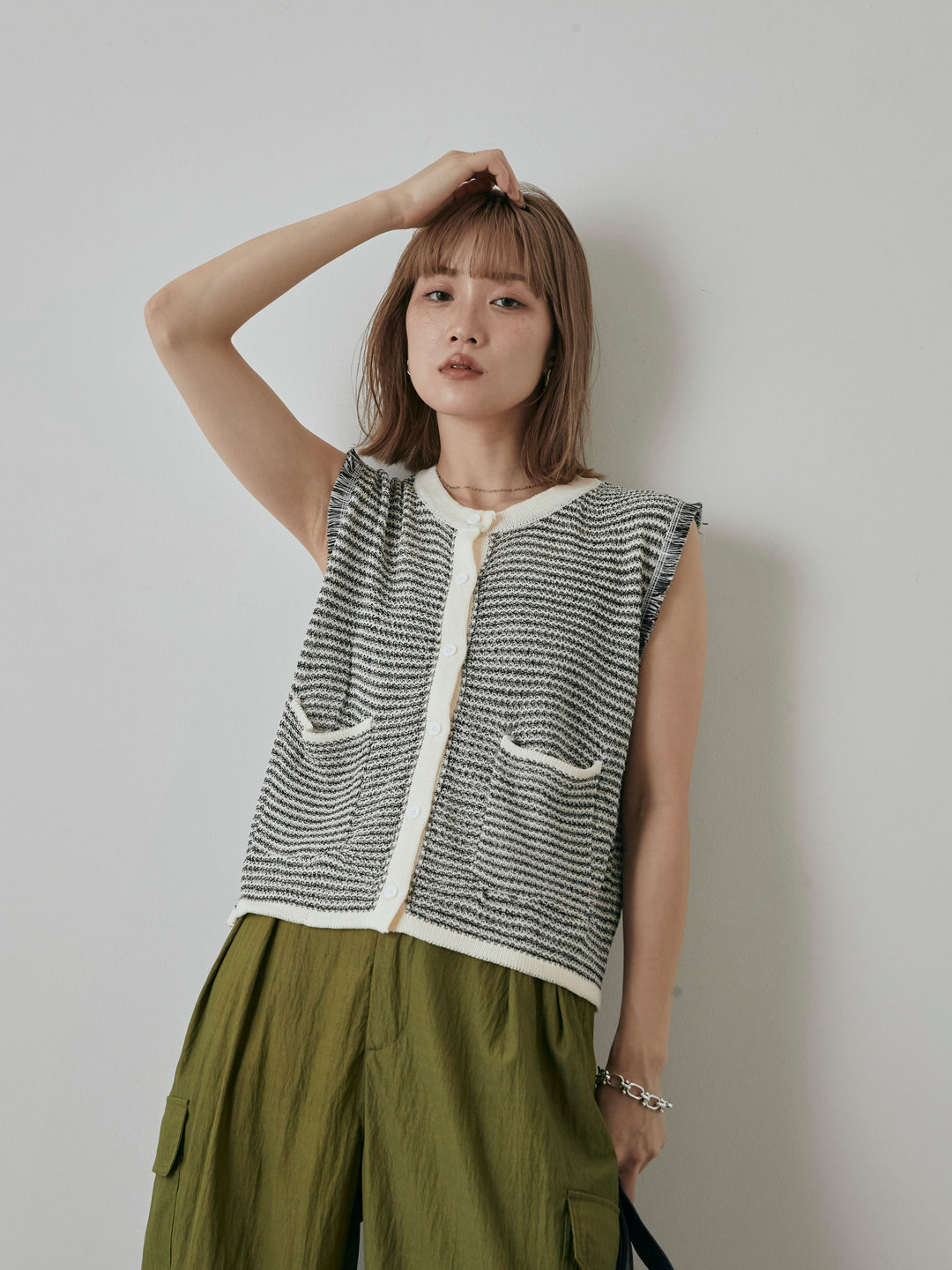 [予約]ボーダー袖フリンジニットベスト/オフ