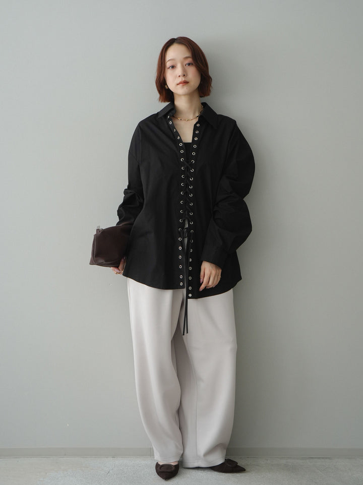 [SET]レースアップブロードシャツ+バイカラー異素材サイドラインライトポンチパンツ(2set)