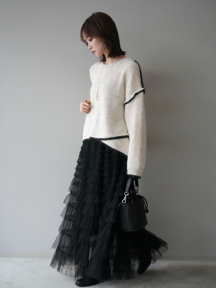 [SET]バイカラーレイヤードデザインニットプルオーバー+チュールティアードスカート(2set)