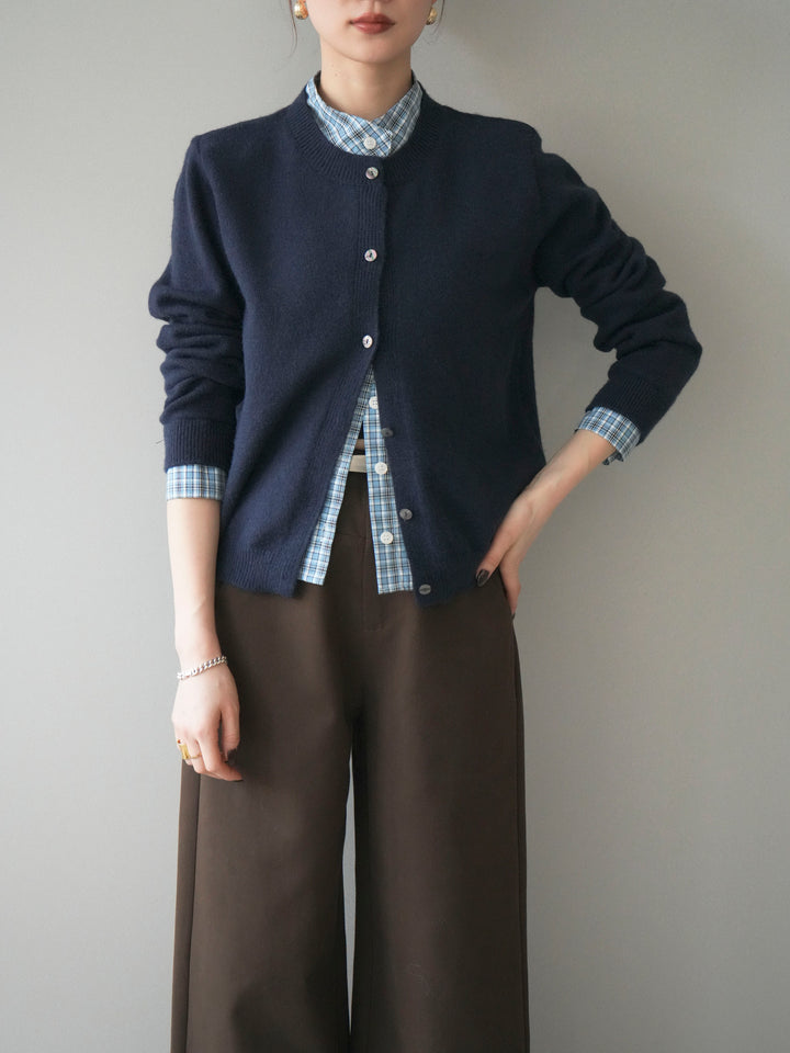 [予約]チェックシャツレイヤードデザインニットカーディガン/navy