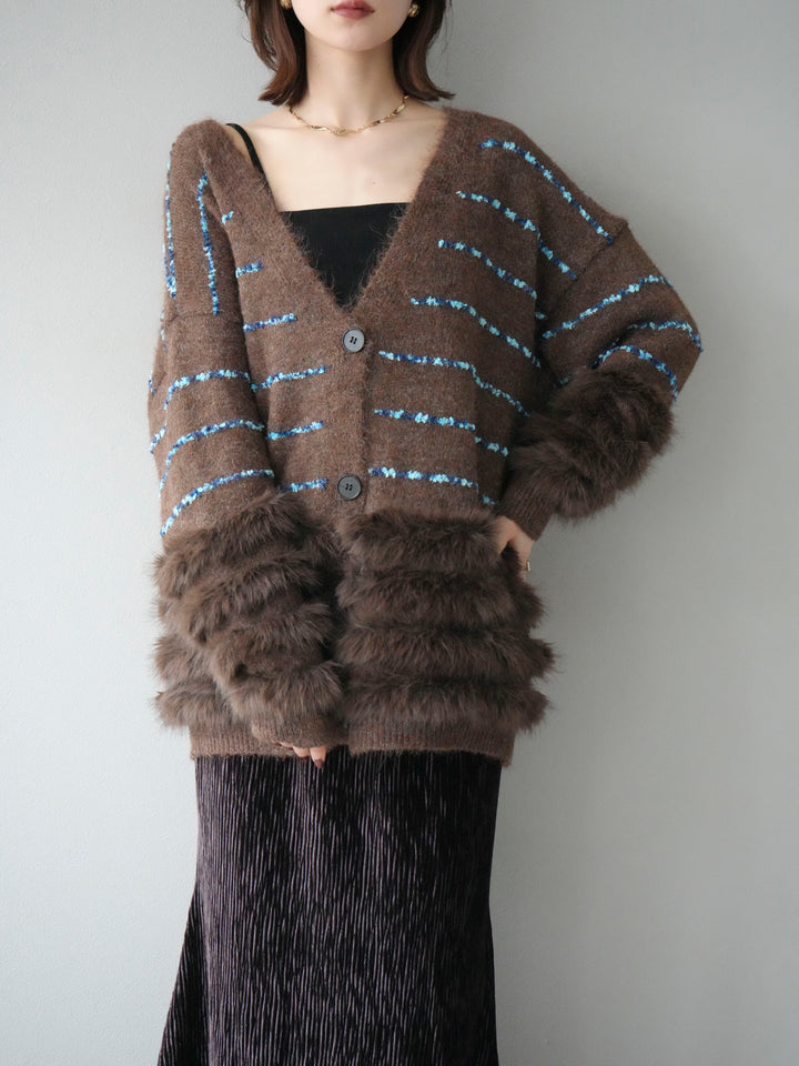 [SET]フェザーライン配色シャギーニットカーディガン+ベロアプリーツナロースカート(2set)