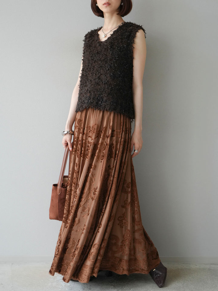[予約]アンティーク柄フロッキーマキシスカート/ブラウン