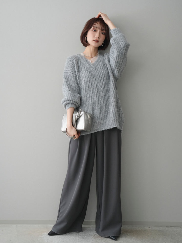 [SET]Vネックレースニットプルオーバー+ベルトループデザインワイドパンツ(2set)