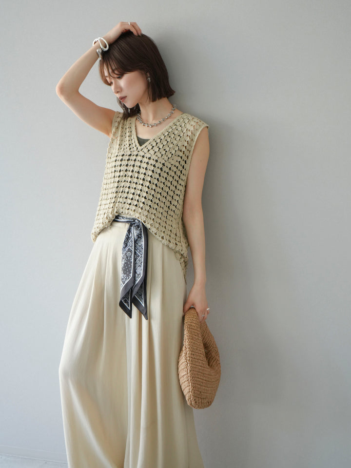 [予約]レースアップクロシェ編みニットベスト/ベージュ