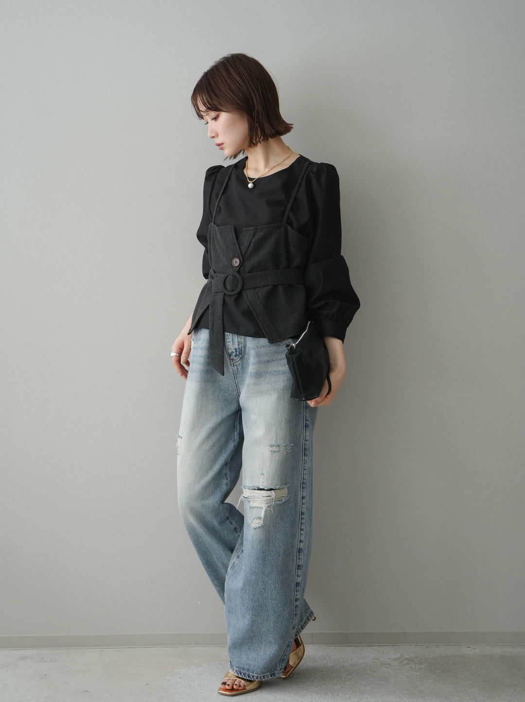 [SET]異素材ビスチェドッキングブラウス+ダメージデニムセミワイドパンツ(2set)
