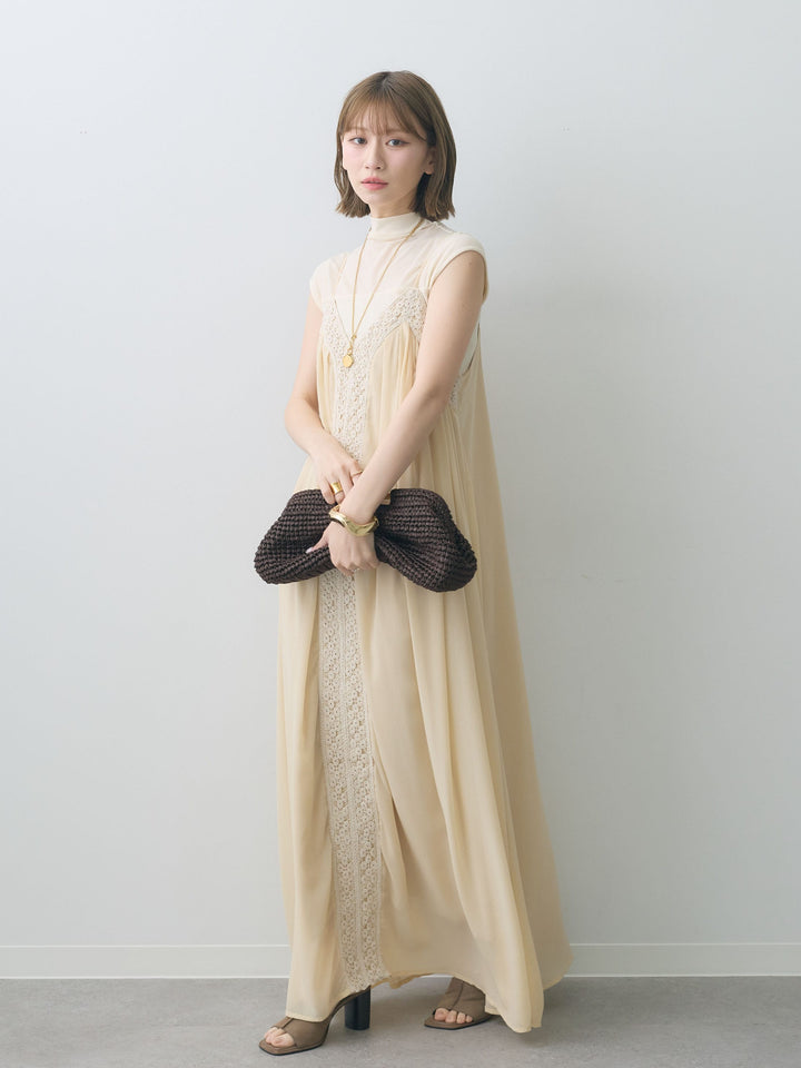 [SET]センタークロシェレースキャミワンピース+シアー切替ストレッチトップス(2set)