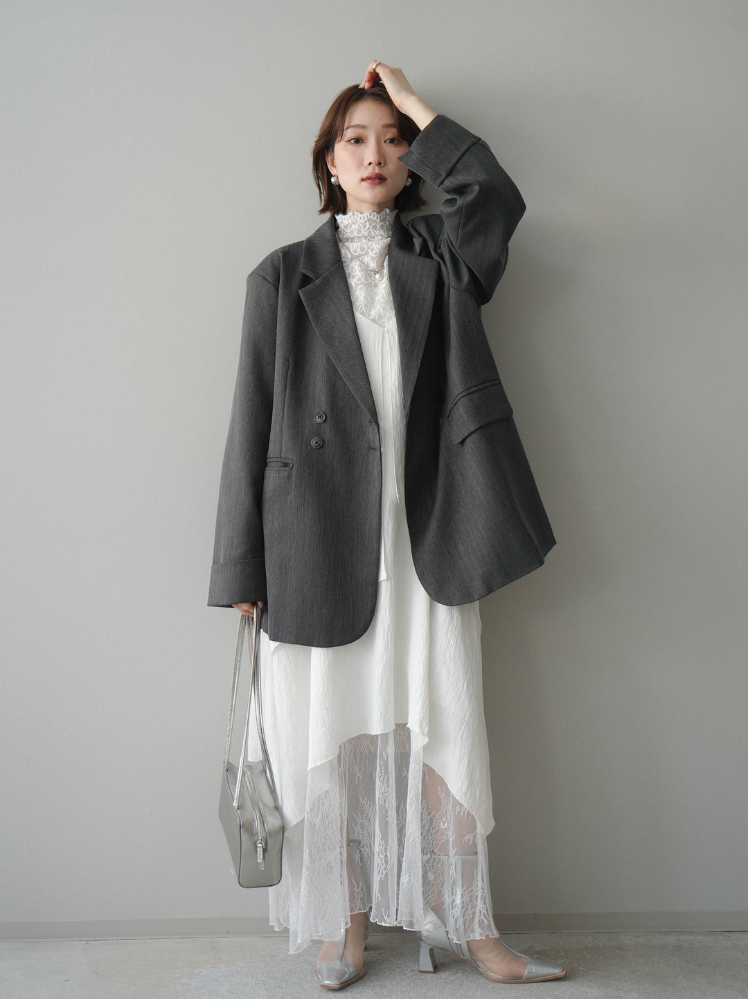 [予約]レース切替アシンメトリーワンピース/white