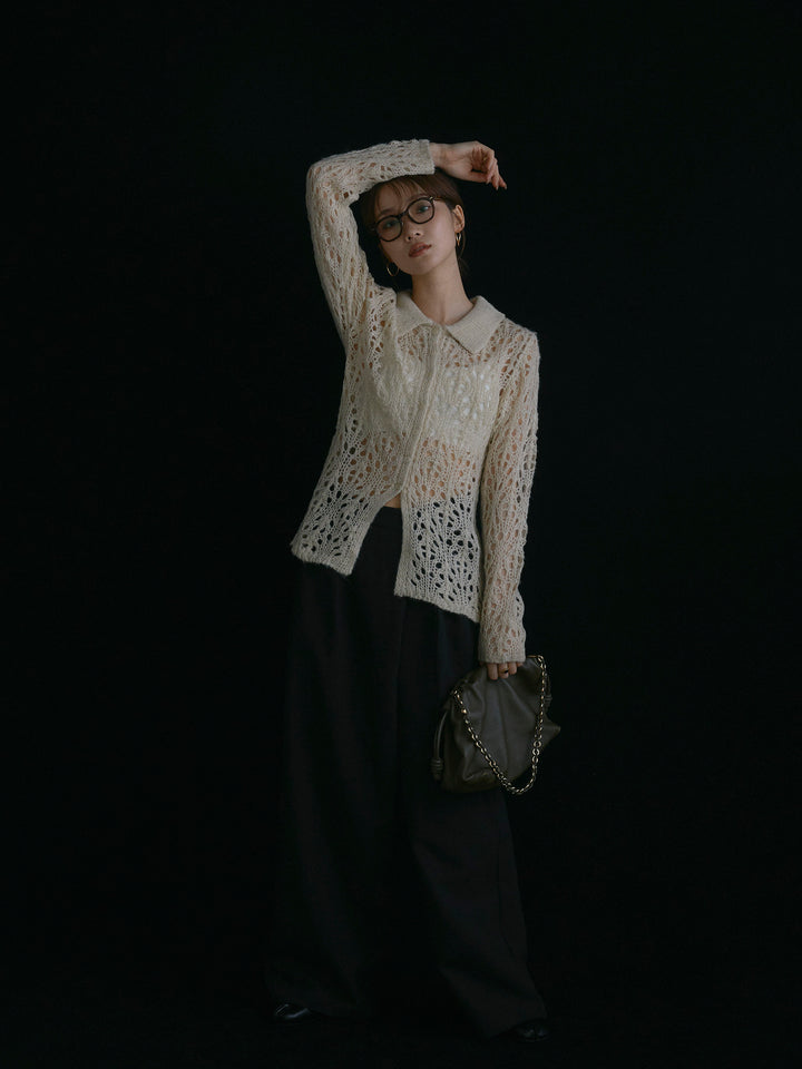 【Allure】[SET]ローゲージ透かし編みポロニッカーディガン+ラップデザインタックワイドパンツ(2set)