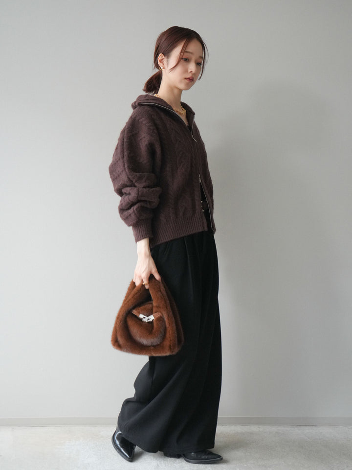 [予約]アニマル柄ベルト付きウールタッチワイドパンツ/black