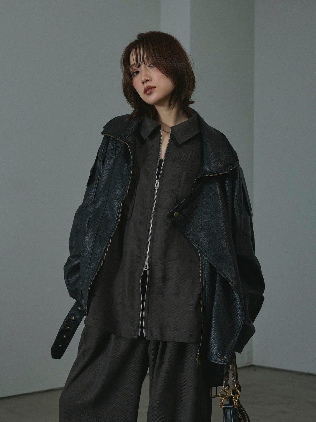 【Allure】[SET]スタンドカラーレザーブルゾン+杢チェックZIPシャツジャケット(2set)