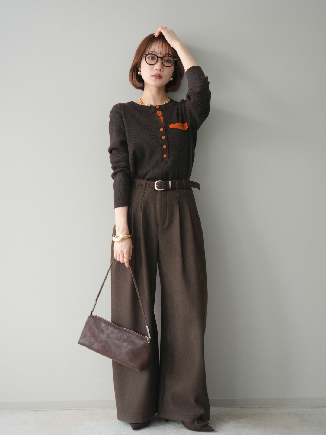 [SET]バイカラーデザインポケット配色ヘンリーネックニットソー+アニマル柄ベルト付きウールタッチワイドパンツ(2set)