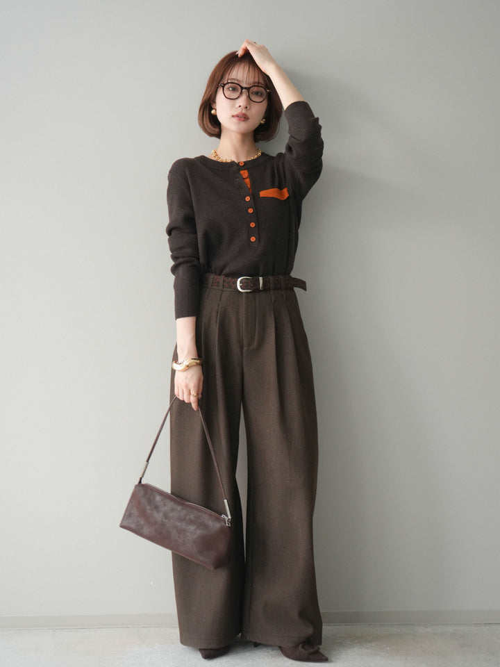 [SET]バイカラーデザインポケット配色ヘンリーネックニットソー+アニマル柄ベルト付きウールタッチワイドパンツ(2set)