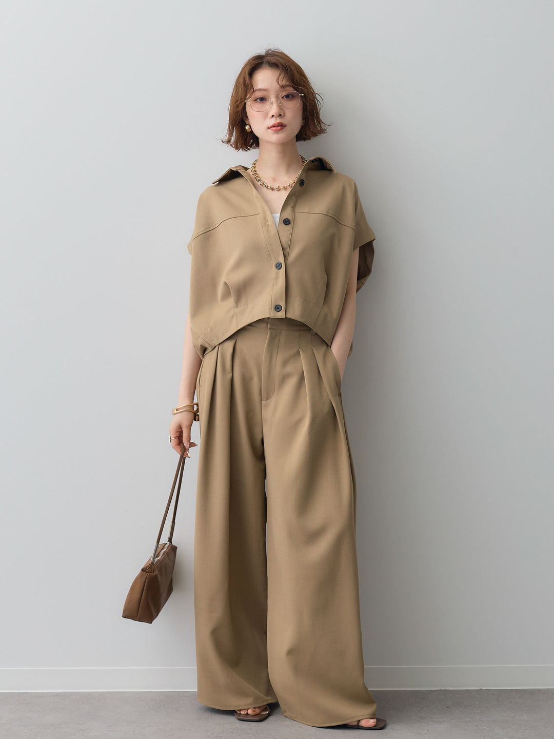 【套裝】縐綢燈籠無袖襯衫 + 縐綢闊腿褲（兩件套）