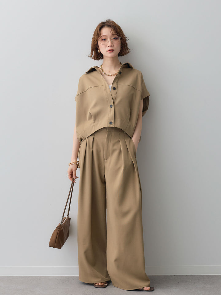 【套裝】縐綢燈籠無袖襯衫 + 縐綢闊腿褲（兩件套）