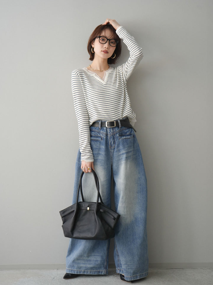 [SET]チュールレイヤードデザインボーダーニットトップス+フロントポケットサイドタックワイドデニム(2set)