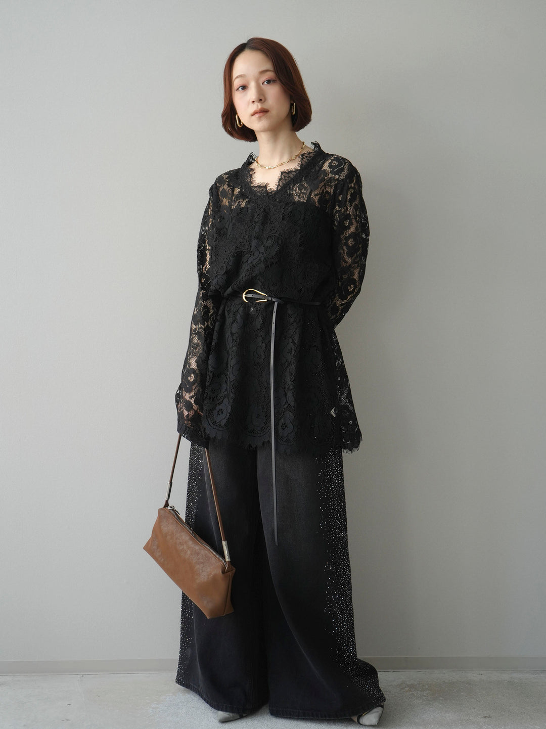 [予約]サイドビジューワイドデニムパンツ/black