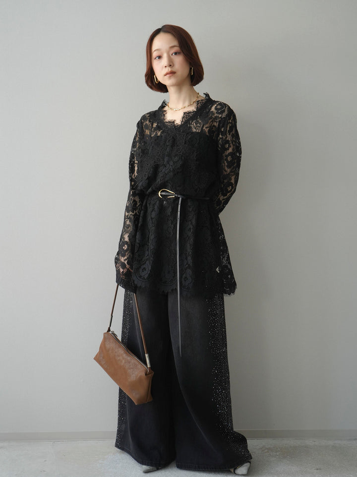 [予約]サイドビジューワイドデニムパンツ/black