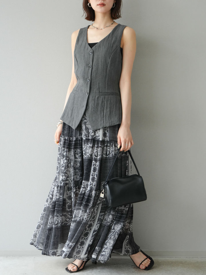 [SET]リネンタッチバックオープンベスト＆ニュアンス柄マキシスカートSET UP(2set)