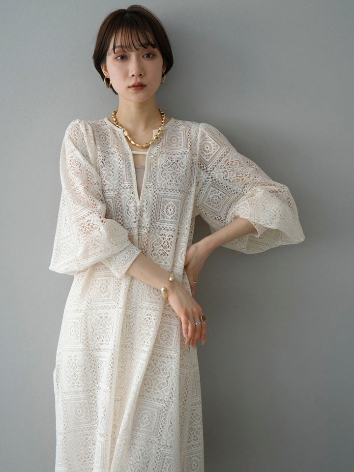 [Pre-order] Block Lace Volume Sleeve Dress/Ivory