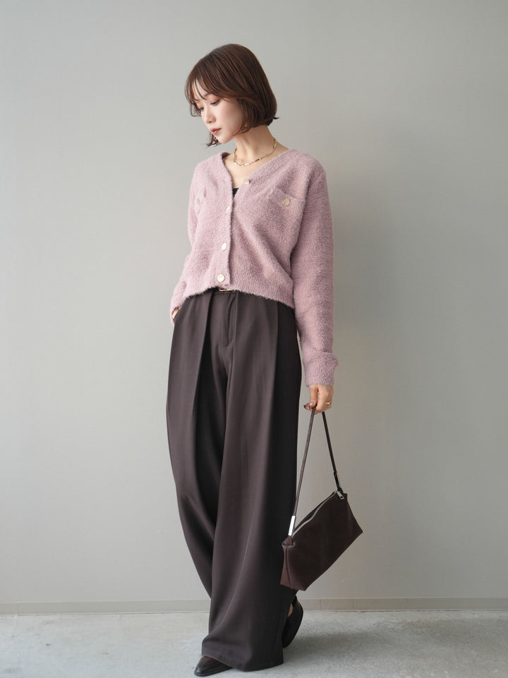 [SET]ゴールドボタンモールニットカーディガン+ベルトループデザインワイドパンツ(2set)