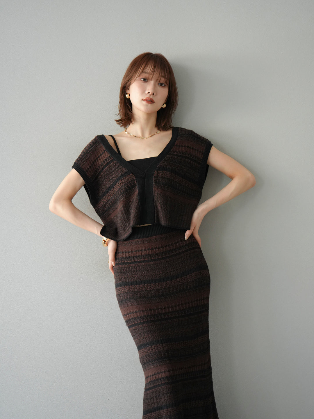 [予約]ガーター編み2WAYニットベスト/ブラウン×ブラック