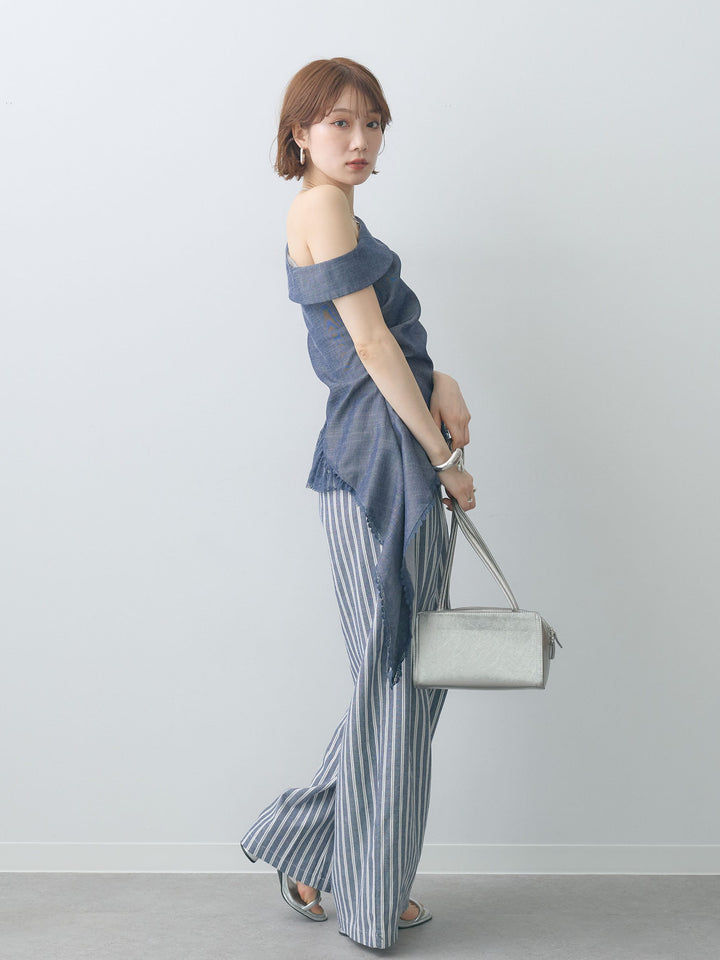 [SET]アシンメトリーラッフルレースヘムトップス+エプロン巻ストライプワイドパンツ(2set)