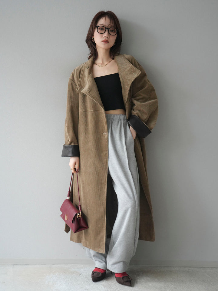 [予約]コーデュロイ折り返しレザーロングコート/beige