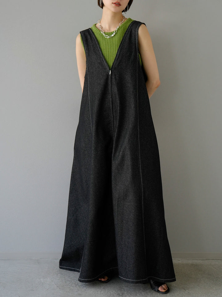 [SET] Pokopoko sleeveless knit top + denim zip flare dress (2set)