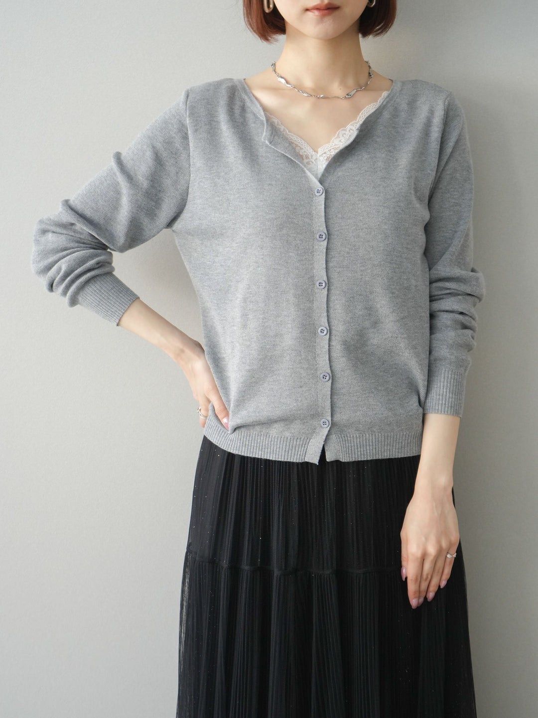 [予約]レースレイヤードニットカーディガン/gray