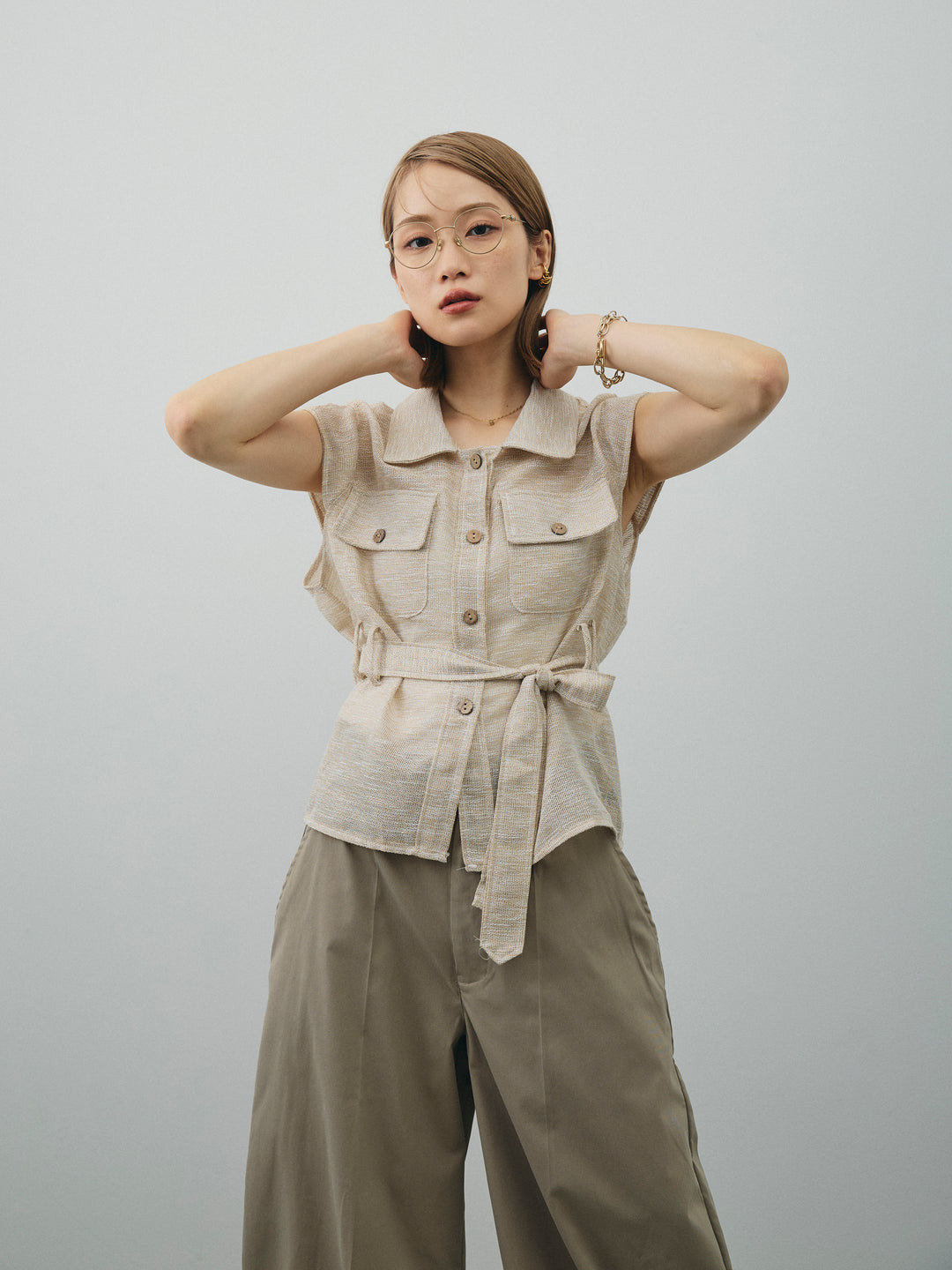 [SET]ミックスヤーンメッシュブラウス+コクーンワイドチノパンツ(2set)