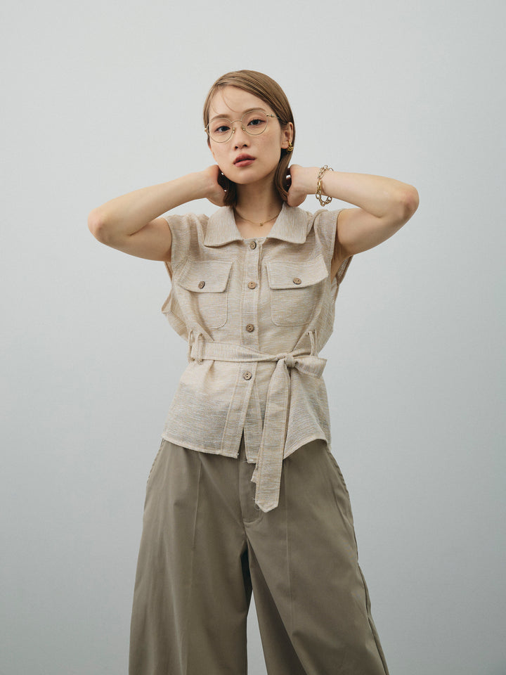 [SET]ミックスヤーンメッシュブラウス+コクーンワイドチノパンツ(2set)