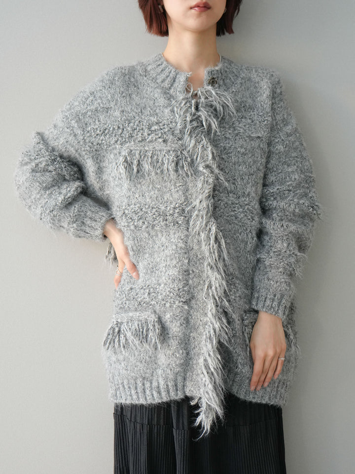 [SET]ミックスヤーンフリンジデザインニットジャケット+型押しスエードティアードプリーツスカート(2set)