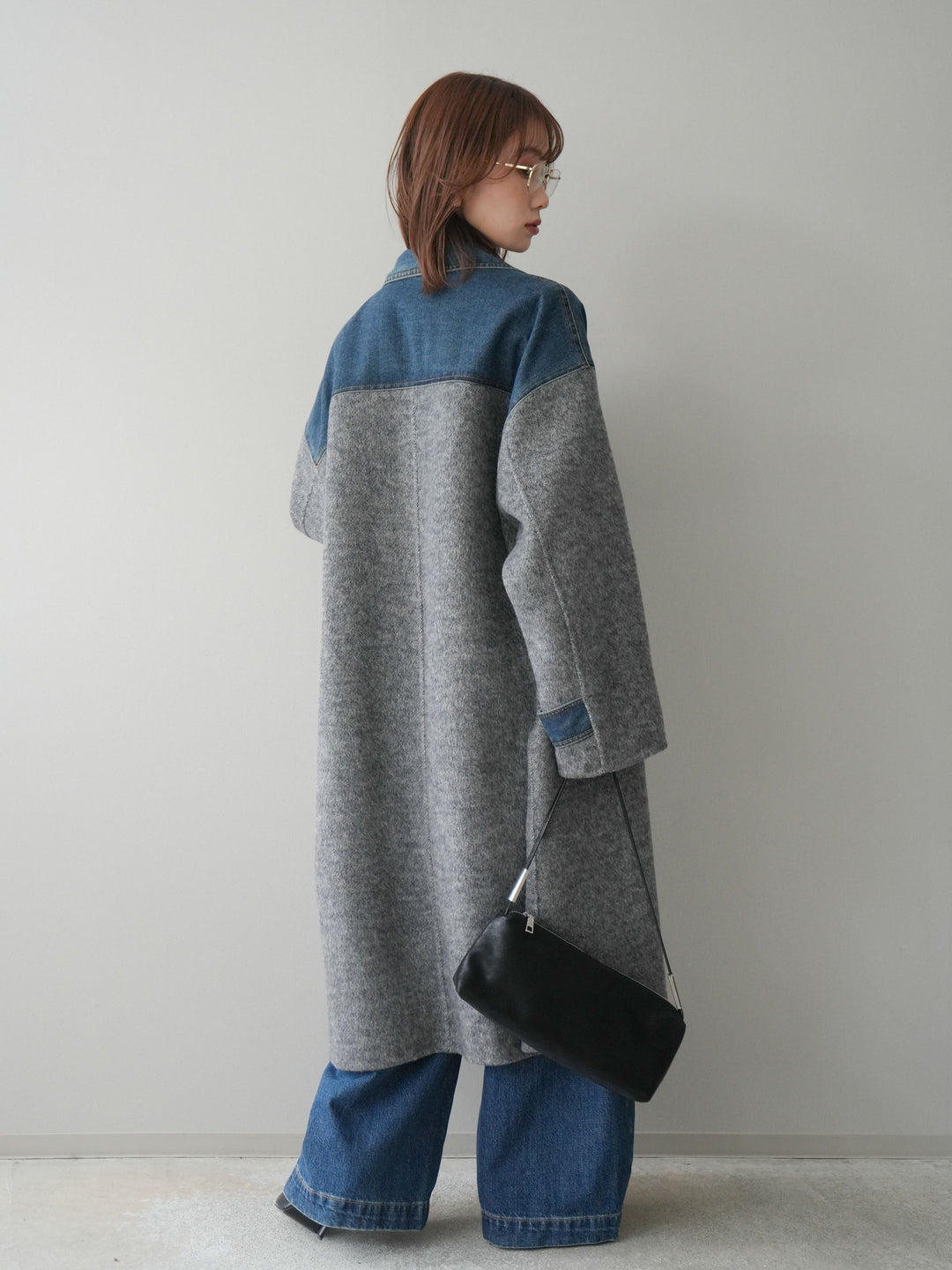 [SET]デニム切替シャギーステンカラーコート+選べるアクセセット(2set)