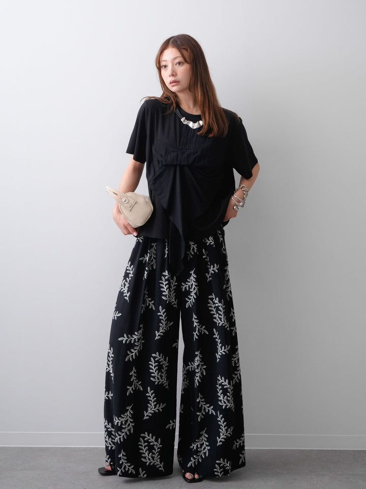 [SET]ラッフルドッキングTEE+リーフプリントタックワイドパンツ(2set)
