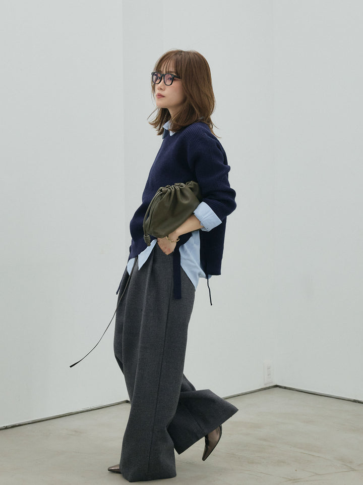 【Allure】[SET]サイドスリット畦編みニットプルオーバーシャツアンサンブル+ループデザインツイルワイドパンツ(2set)